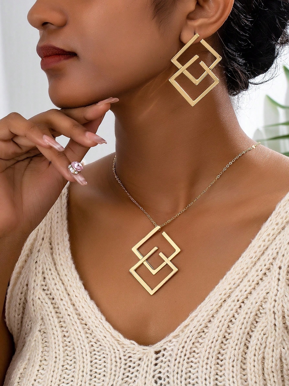 Gold Geometric Drop Necklace and Earrings Set